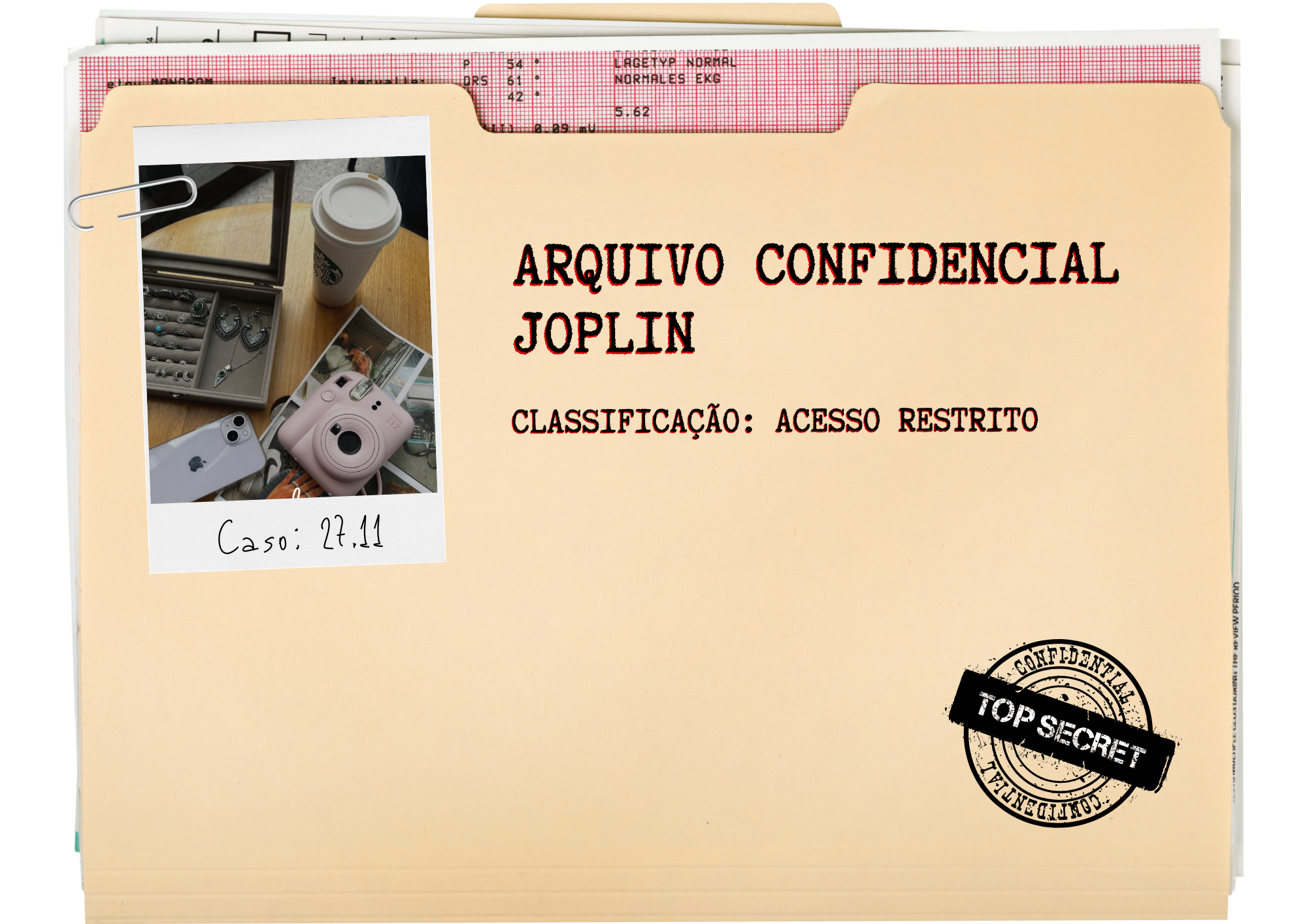 Pasta de arquivo confidencial Joplin com fotos de acessórios e selo ultrassecreto